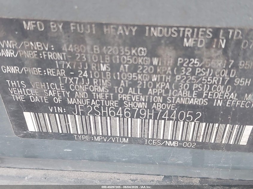 2009 Subaru Forester VIN JF2SH64679H744052 IAAI salvage auction — NORMAL WEAR, Original (Texas), sold $275 on 2026-07-07 (photo 9)