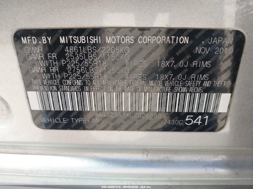 2020 Mitsubishi Outlander VIN JA4AZ3A3XLZ026880 IAAI salvage auction — FRONT END, Salvage Title, sold $1,200 on 2026-08-02 (photo 9)