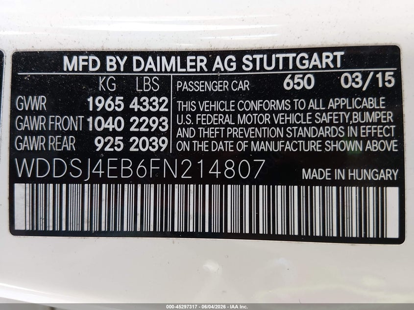 2015 Mercedes-benz Cla-klasse VIN WDDSJ4EB6FN214807 IAAI salvage auction — RIGHT SIDE, Salvage Title, sold $2,800 on 2026-07-09 (photo 9)