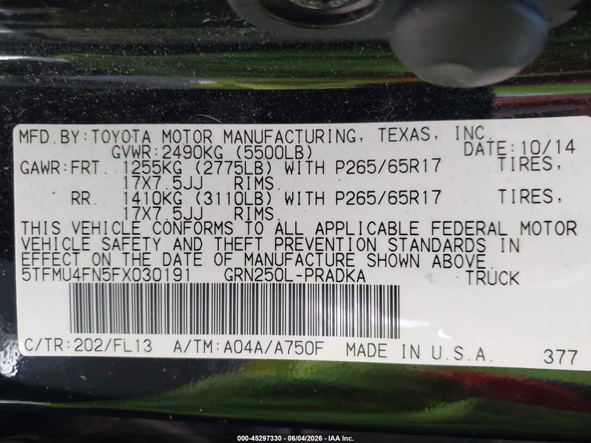 2015 Toyota Tacoma VIN 5TFMU4FN5FX030191 IAAI salvage auction — REAR END, Salvage Title, sold $7,400 on 2026-07-30 (photo 9)