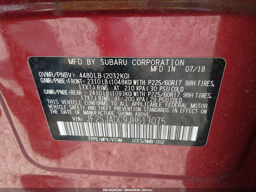 2018 Subaru Forester VIN JF2SJADC9JH613075 IAAI salvage auction — HAIL, Salvage Title, sold $3,650 on 2026-07-13 (photo 9)
