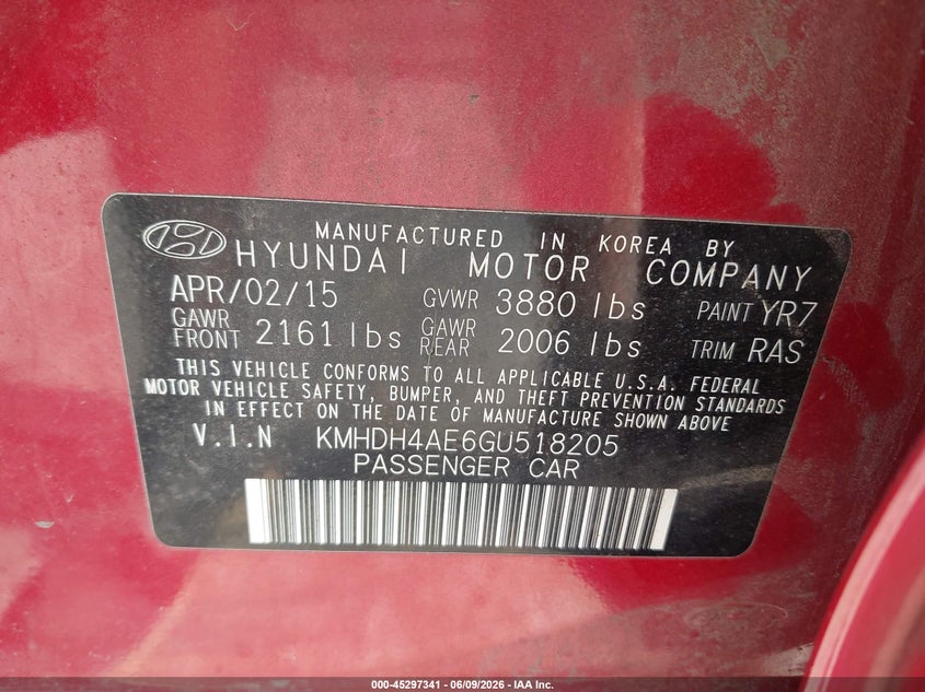 2016 Hyundai Elantra VIN KMHDH4AE6GU518205 IAAI salvage auction — FRONT END, Salvage Title, sold $375 on 2026-07-07 (photo 9)