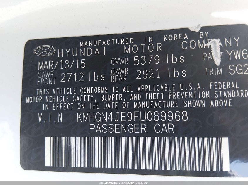 2015 Hyundai Genesis VIN KMHGN4JE9FU089968 IAAI salvage auction — FRONT END, Salvage Title, sold $1,750 on 2026-07-21 (photo 9)