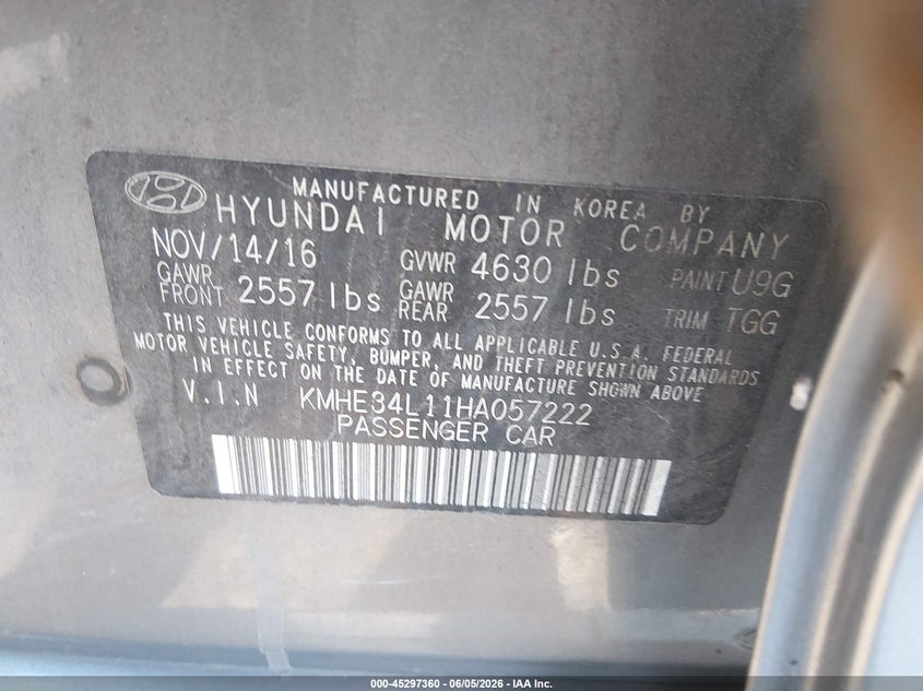 2017 Hyundai Sonata VIN KMHE34L11HA057222 IAAI salvage auction — FRONT END, Salvage (Pennsylvania), sold $1,525 on 2026-07-28 (photo 9)