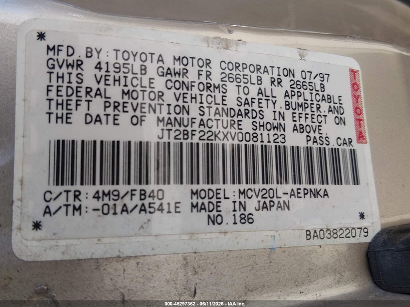 1997 Toyota Camry VIN JT2BF22KXV0081123 IAAI salvage auction — NORMAL WEAR, Clear (Washington), sold $300 on 2026-07-15 (photo 9)