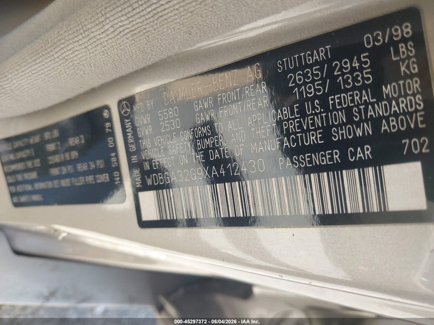 1999 Mercedes-benz S class VIN WDBGA32G9XA412430 IAAI salvage auction — ROOF, Salvage (Georgia), sold $400 on 2026-07-14 (photo 9)