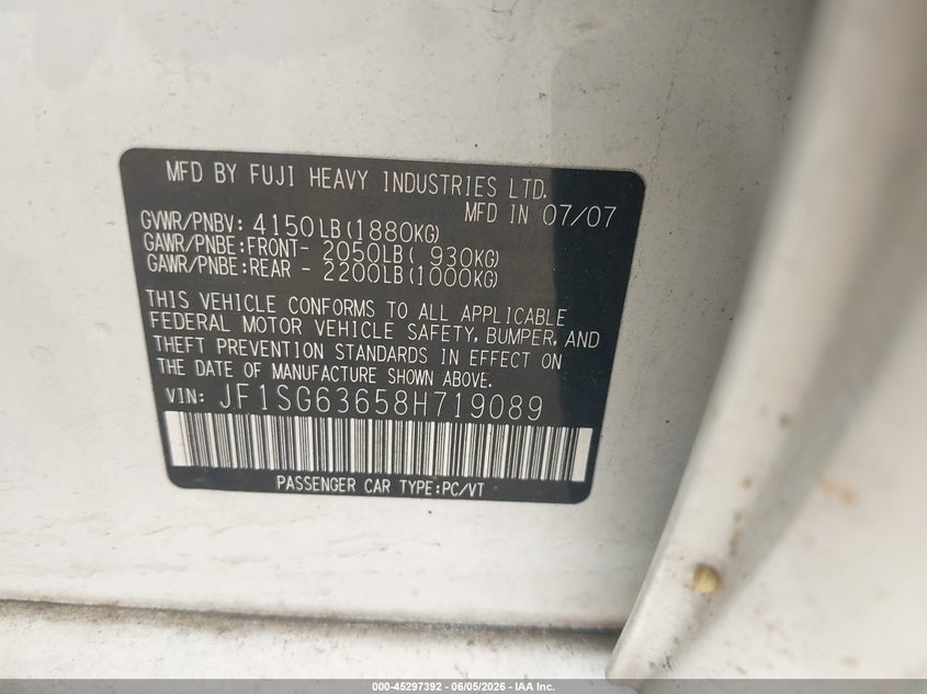 2008 Subaru Forester VIN JF1SG63658H719089 IAAI salvage auction — NORMAL WEAR, Original (Texas), sold $225 on 2026-07-09 (photo 9)