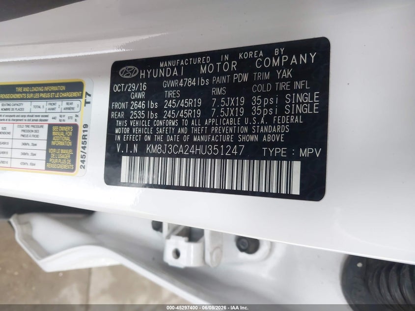 2017 Hyundai Tucson VIN KM8J3CA24HU351247 IAAI salvage auction — FRONT END, Salvage Title, sold $3,650 on 2026-07-27 (photo 9)