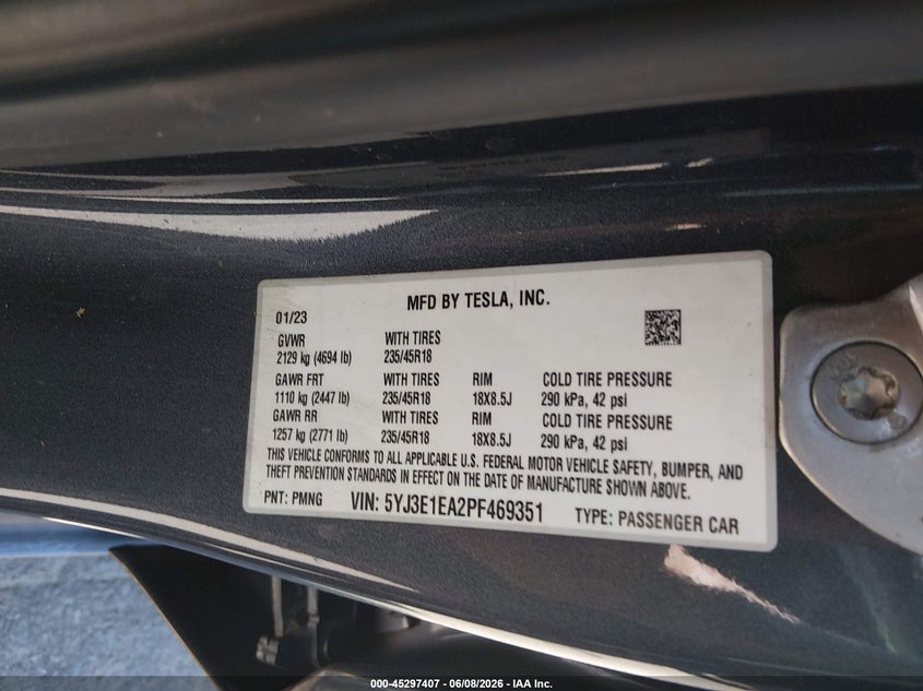 2023 Tesla Model 3 VIN 5YJ3E1EA2PF469351 IAAI salvage auction — RIGHT SIDE, Salvage (New Jersey), sold $9,700 on 2026-07-16 (photo 9)