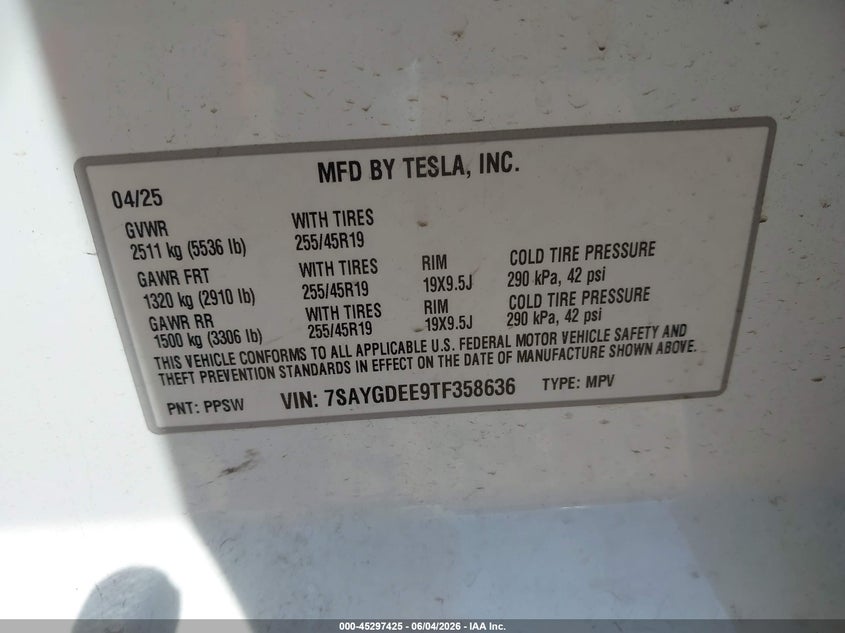2026 Tesla Model y VIN 7SAYGDEE9TF358636 IAAI salvage auction — FRONT END, Salvage Title, sold $13,600 on 2026-07-23 (photo 9)