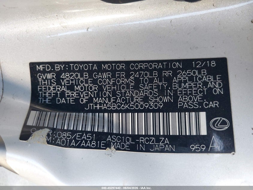2019 Lexus Rc VIN JTHHA5BC6K5009309 IAAI salvage auction — LEFT SIDE, Salvage Title, sold $3,350 on 2026-07-21 (photo 9)