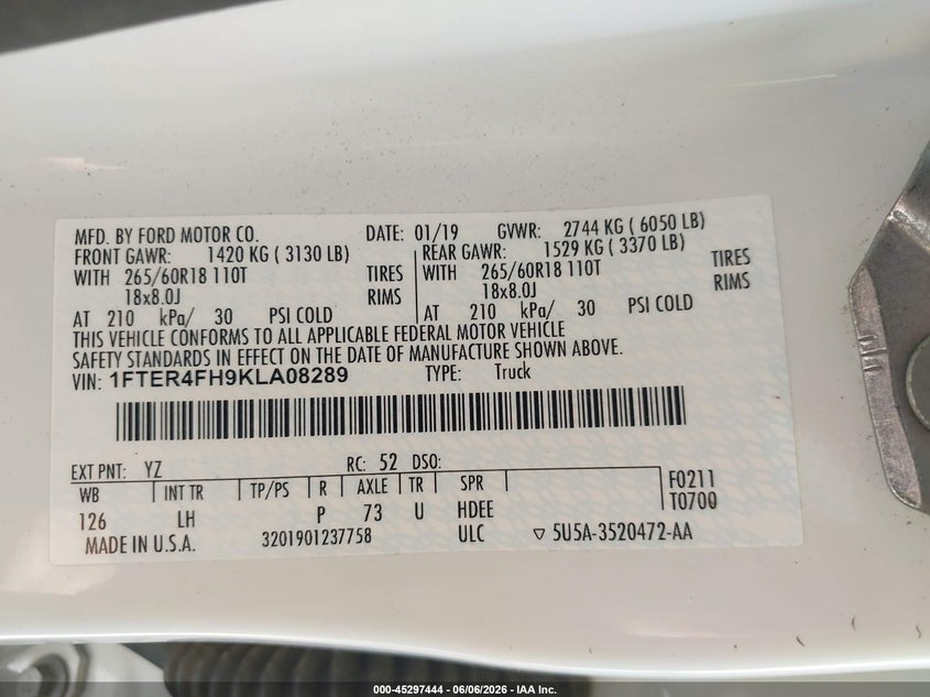 2019 Ford Ranger VIN 1FTER4FH9KLA08289 IAAI salvage auction — FRONT END, Salvage Title, sold $9,100 on 2026-08-01 (photo 9)