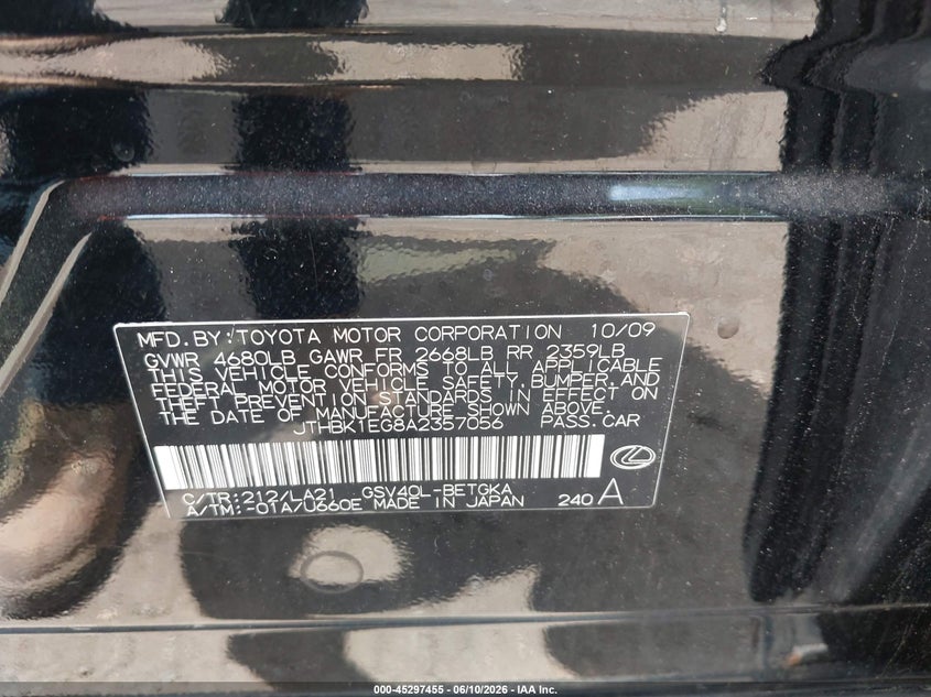 2010 Lexus ES VIN JTHBK1EG8A2357056 IAAI salvage auction — RIGHT REAR, Salvage - Greater Than 75% (Maryland), sold $1,050 on 2026-07-22 (photo 9)