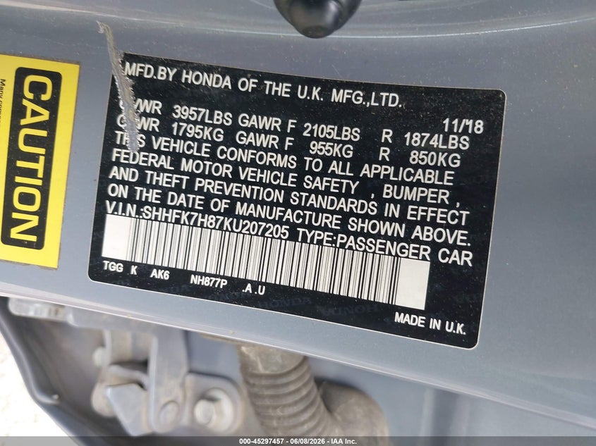 2019 Honda Civic VIN SHHFK7H87KU207205 IAAI salvage auction — LEFT SIDE, Salvage Title, sold $3,350 on 2026-07-10 (photo 9)