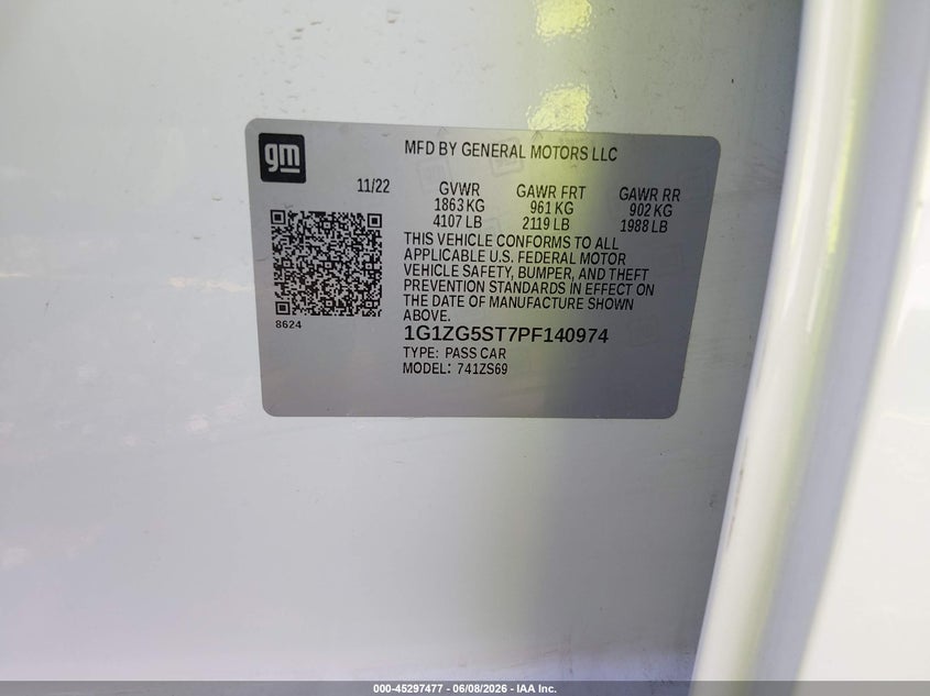2023 Chevrolet Malibu VIN 1G1ZG5ST7PF140974 IAAI salvage auction — HAIL, Salvage Title, sold $7,500 on 2026-07-21 (photo 9)