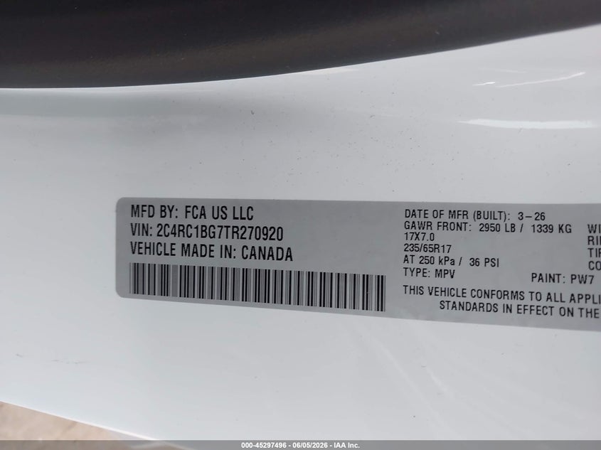 2026 Chrysler Pacifica VIN 2C4RC1BG7TR270920 IAAI salvage auction — FRONT END, Enterprise Vehicles Clear Only (Texas), sold $24,600 on 2026-07-21 (photo 9)