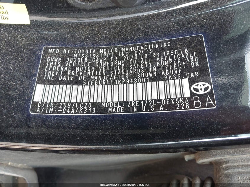 2019 Toyota Corolla VIN 5YFBURHE3KP948001 IAAI salvage auction — BIOHAZARD/CHEMICAL, Salvage Title, sold $2,800 on 2026-07-18 (photo 9)