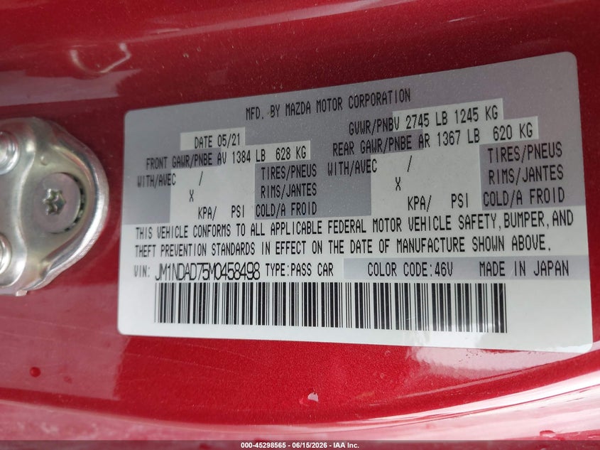 2021 Mazda Mx-5 VIN JM1NDAD75M0458498 IAAI salvage auction — REAR END, Salvage (Arizona), sold $3,850 on 2026-07-09 (photo 9)