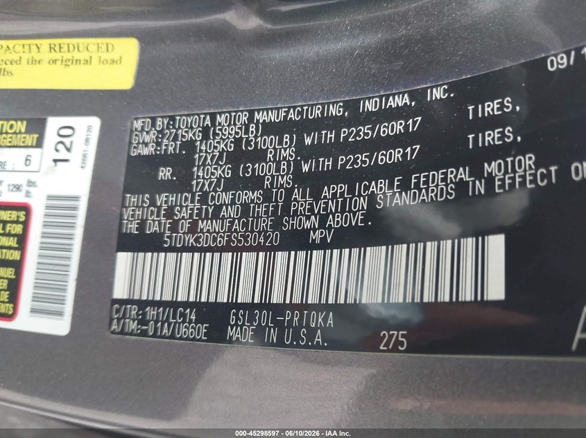 2015 Toyota Sienna VIN 5TDYK3DC6FS530420 IAAI salvage auction — MECHANICAL, Repossession Paperwork (North Carolina), sold $1,950 on 2026-07-14 (photo 9)