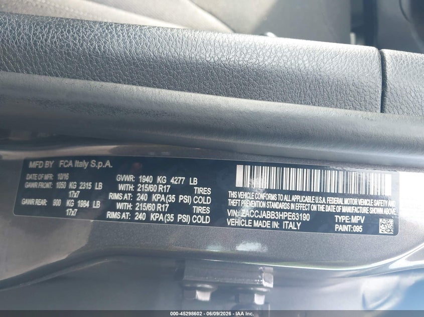 2017 Jeep Renegade VIN ZACCJABB3HPE63190 IAAI salvage auction — LEFT SIDE, Salvage Title, sold $1,800 on 2026-07-17 (photo 9)