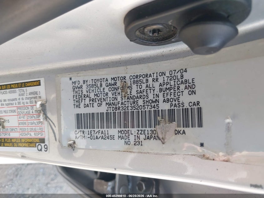 2005 Toyota Corolla VIN JTDBR32E352057345 IAAI salvage auction — NORMAL WEAR, Clear (New York), sold $1,150 on 2026-07-07 (photo 9)