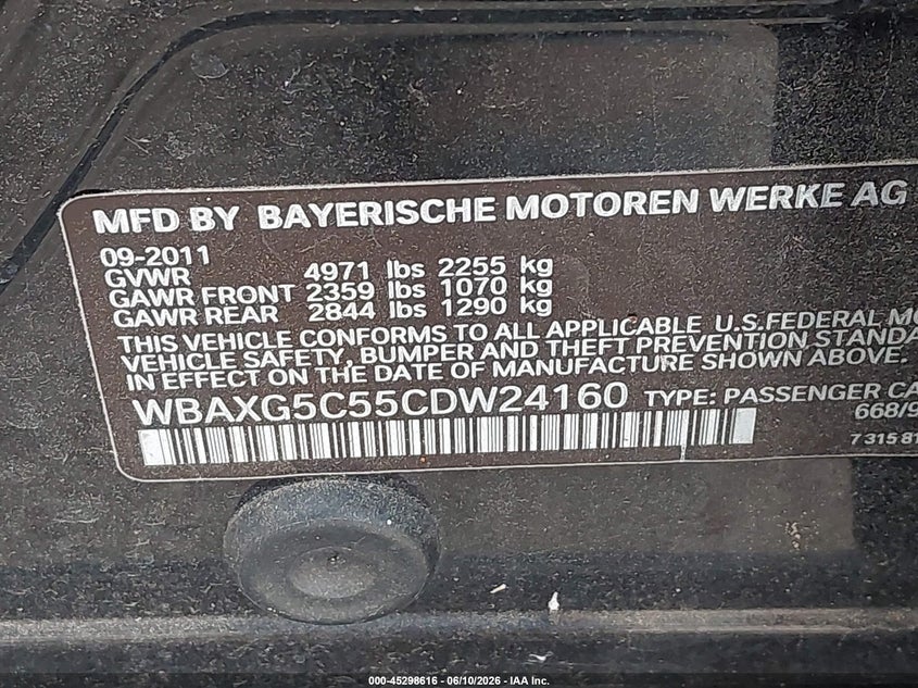2012 BMW 5er VIN WBAXG5C55CDW24160 IAAI salvage auction — NORMAL WEAR, Original (Texas), sold $525 on 2026-07-10 (photo 9)