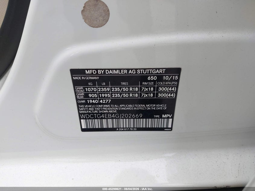 2016 Mercedes-benz Gla-klasse VIN WDCTG4EB4GJ202669 IAAI salvage auction — FRONT END, Salvage Title, sold $650 on 2026-07-29 (photo 9)