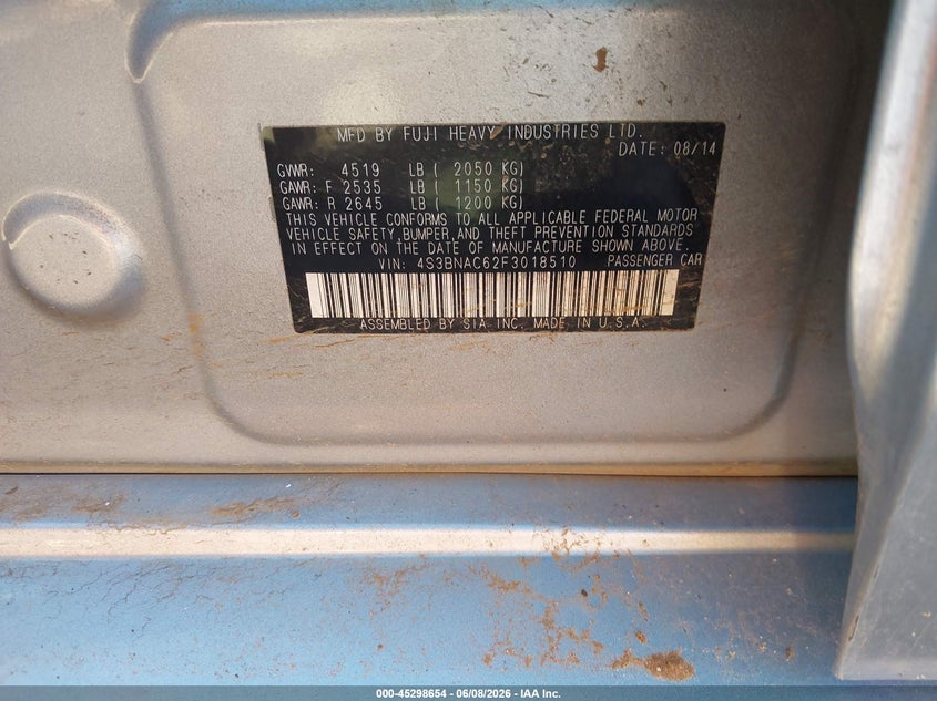 2015 Subaru LEGACY VIN 4S3BNAC62F3018510 IAAI salvage auction — RIGHT FRONT, Salvage Title, sold $75 on 2026-07-27 (photo 9)