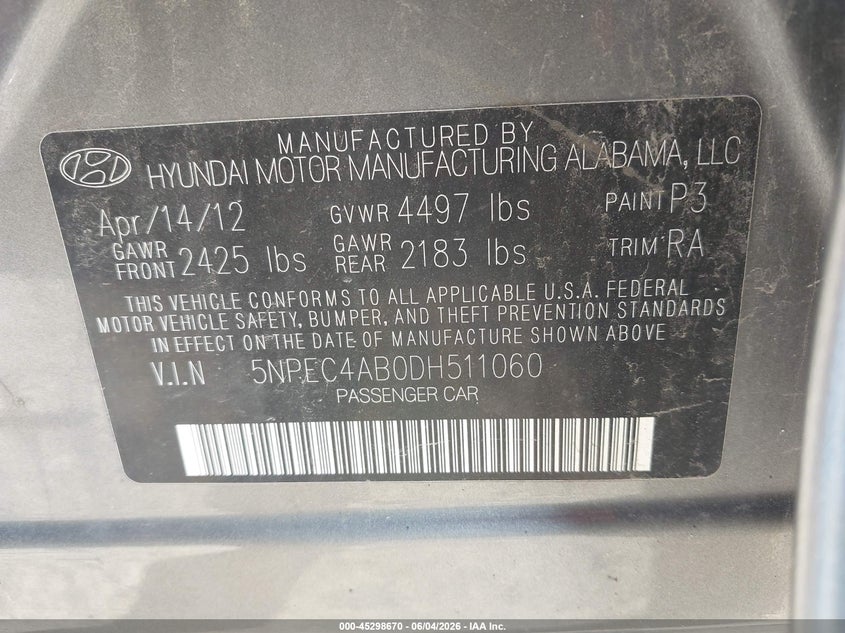 2013 Hyundai Sonata VIN 5NPEC4AB0DH511060 IAAI salvage auction — FRONT END, Salvage Title, sold $525 on 2026-07-22 (photo 9)