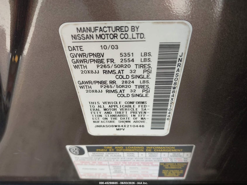 2004 Infiniti Fx35 VIN JNRAS08W84X210446 IAAI salvage auction — NORMAL WEAR, Clear (Indiana), sold $600 on 2026-07-15 (photo 9)