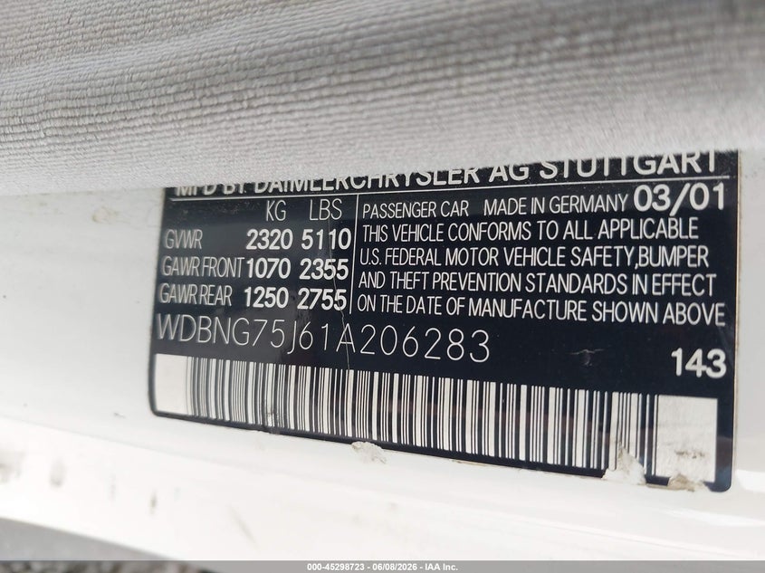 2001 Mercedes-benz S-klasse VIN WDBNG75J61A206283 IAAI salvage auction — RIGHT FRONT, Salvage (South Carolina), sold $550 on 2026-07-07 (photo 9)