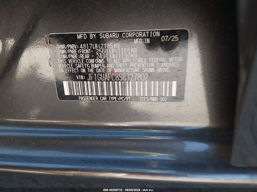 2025 Subaru Impreza VIN JF1GUAFC8S8327802 IAAI salvage auction — REAR END, Salvage - Greater Than 75% (Maryland), sold $3,350 on 2026-08-02 (photo 9)