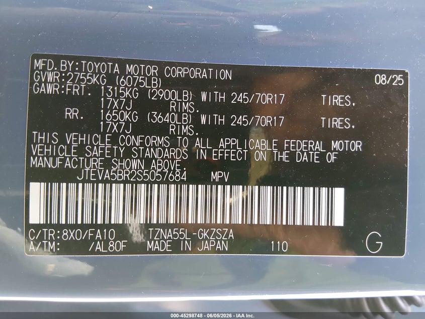 2025 Toyota 4runner VIN JTEVA5BR2S5057684 IAAI salvage auction — SIDE, Salvage Title, sold $20,100 on 2026-07-19 (photo 9)