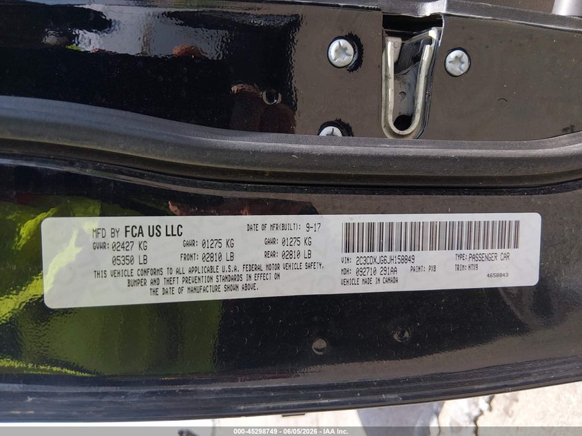 2018 Dodge Charger VIN 2C3CDXJG6JH158849 IAAI salvage auction — FRONT END, Salvage Title, sold $725 on 2026-07-27 (photo 9)
