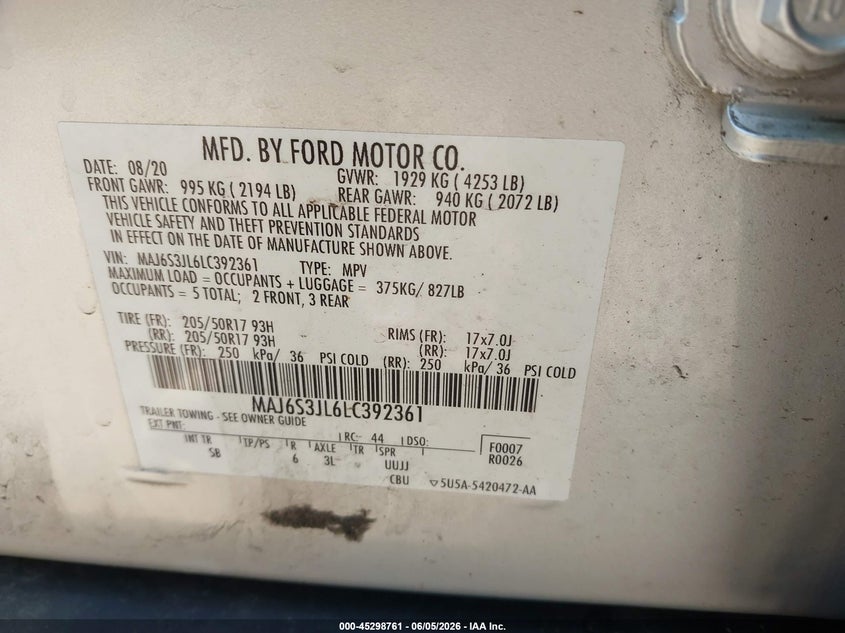 2020 Ford Ecosport VIN MAJ6S3JL6LC392361 IAAI salvage auction — RIGHT SIDE, Salvage (Ohio), sold $600 on 2026-07-27 (photo 9)