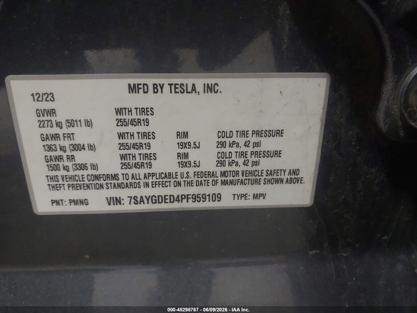 2023 Tesla Model y VIN 7SAYGDED4PF959109 IAAI salvage auction — LEFT FRONT, Salvage Title, sold $4,500 on 2026-07-29 (photo 9)