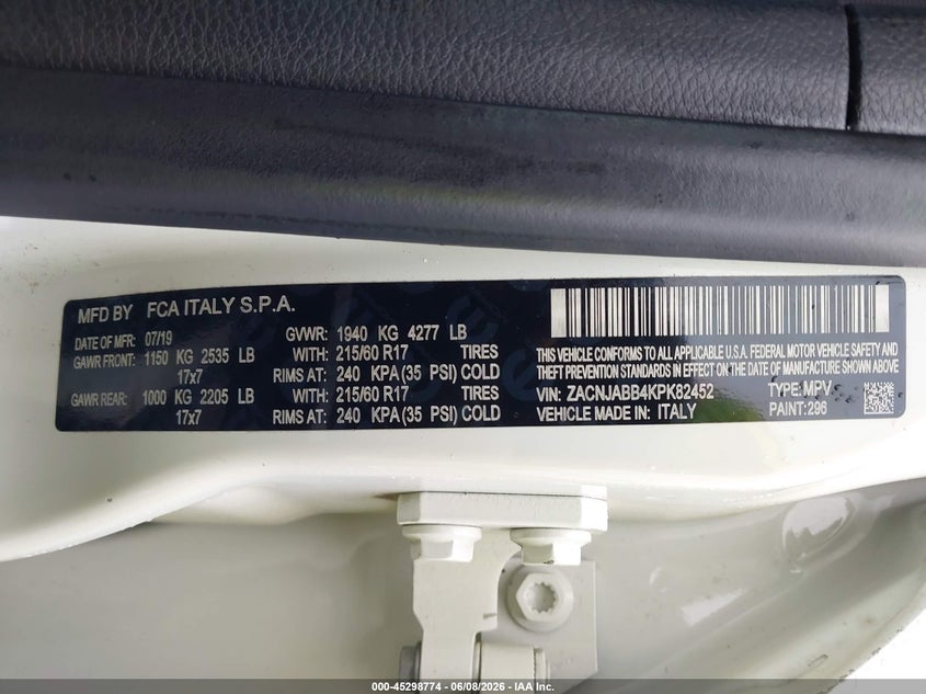 2019 Jeep Renegade VIN ZACNJABB4KPK82452 IAAI salvage auction — REAR END, Salvage Title, sold $1,850 on 2026-07-08 (photo 9)