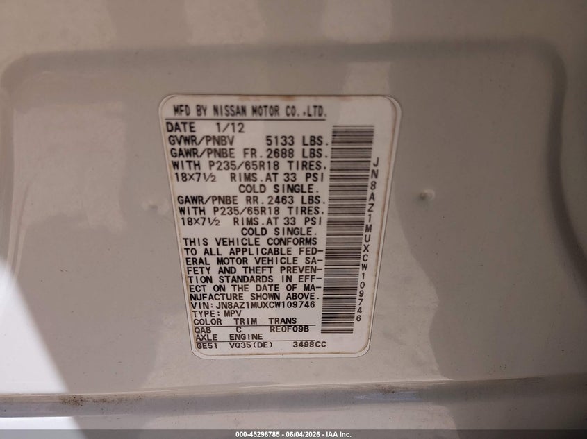 2012 Nissan Murano VIN JN8AZ1MUXCW109746 IAAI salvage auction — RIGHT FRONT, Salvage Title, sold $300 on 2026-07-09 (photo 9)