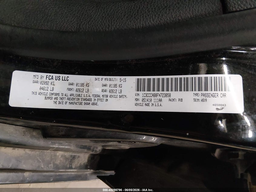 2015 Chrysler 200 VIN 1C3CCCAB8FN723858 IAAI salvage auction — FRONT END, Salvage Title, sold $475 on 2026-07-21 (photo 9)