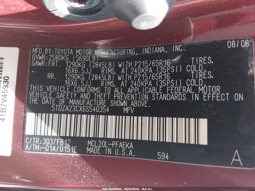 2006 Toyota Sienna VIN 5TDZA23CX6S540354 IAAI salvage auction — NORMAL WEAR, Clear (Georgia), sold $300 on 2026-07-10 (photo 9)