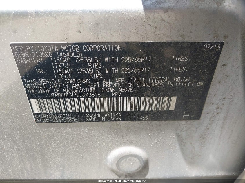 2018 Toyota Rav 4 VIN JTMRFREV7JJ243816 IAAI salvage auction — FRONT END, Salvage (Massachusetts), sold $3,850 on 2026-07-28 (photo 9)