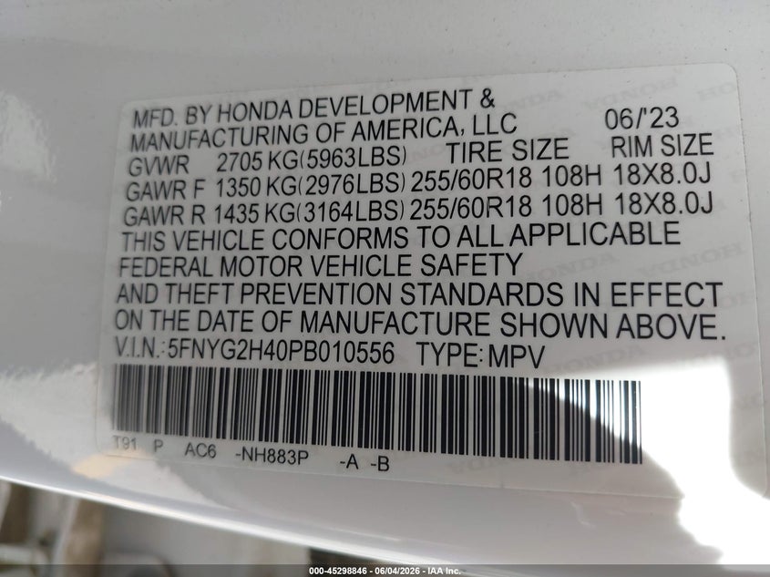 2023 Honda Pilot VIN 5FNYG2H40PB010556 IAAI salvage auction — SIDE, Wait Title, sold $15,000 on 2026-07-31 (photo 9)