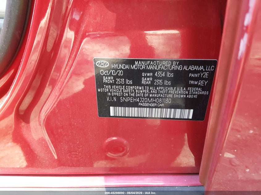 2021 Hyundai Sonata VIN 5NPEH4J20MH081130 IAAI salvage auction — FRONT END, Salvage (Virginia), sold $300 on 2026-07-23 (photo 9)