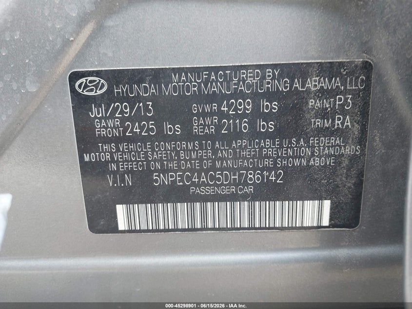 2013 Hyundai Sonata VIN 5NPEC4AC5DH786142 IAAI salvage auction — HAIL, Salvage (Ohio), sold $175 on 2026-07-30 (photo 9)