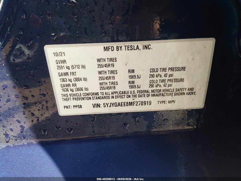 2021 Tesla Model y VIN 5YJYGAEE8MF278919 IAAI salvage auction — FRONT END, Salvage (Ohio), sold $9,925 on 2026-07-28 (photo 9)