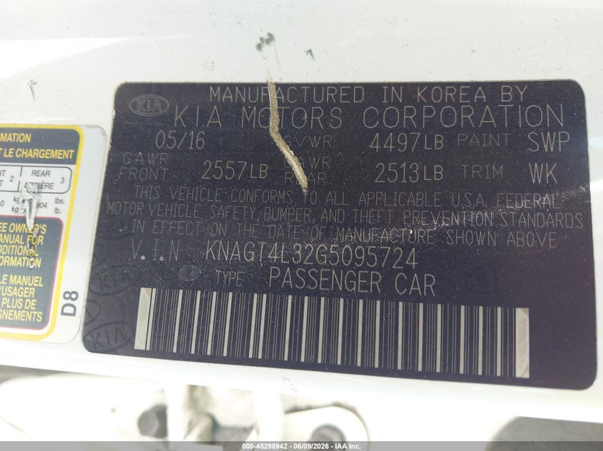 2016 Kia Optima VIN KNAGT4L32G5095724 IAAI salvage auction — REAR END, Salvage Title, sold $825 on 2026-07-08 (photo 9)