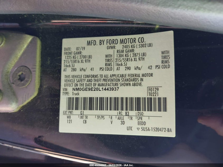 2020 Ford Transit connect VIN NM0GE9E20L1443937 IAAI salvage auction — NORMAL WEAR, Sf97 (Michigan), sold $2,650 on 2026-07-20 (photo 9)