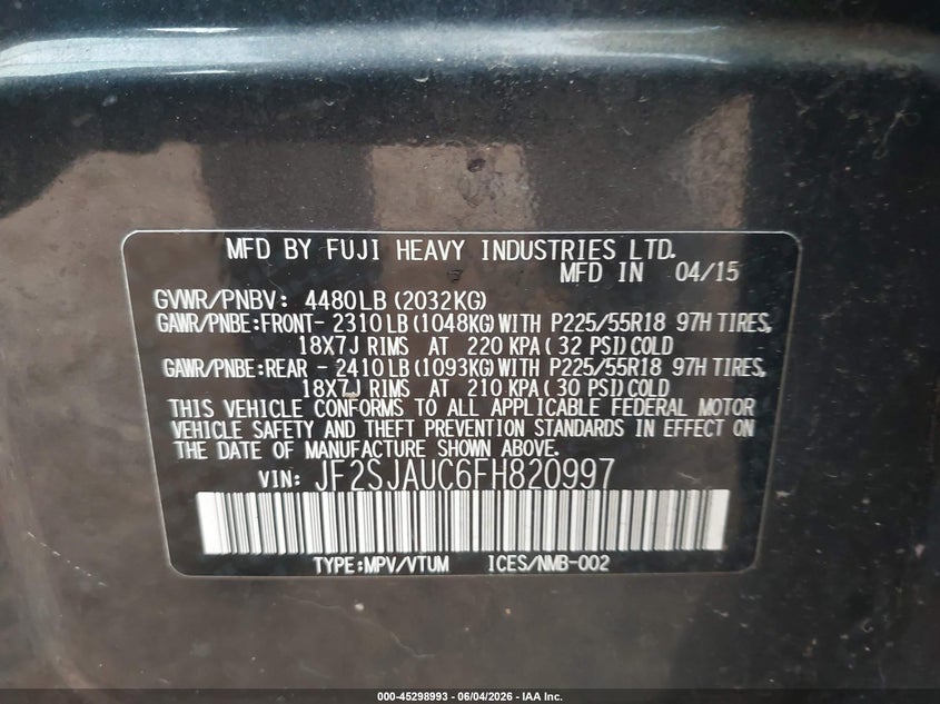 2015 Subaru Forester VIN JF2SJAUC6FH820997 IAAI salvage auction — HAIL, Salvage Title, sold $875 on 2026-07-13 (photo 9)
