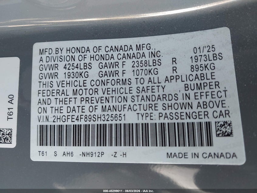 2025 Honda Civic VIN 2HGFE4F89SH325651 IAAI salvage auction — RIGHT FRONT, Salvage Title, sold $7,300 on 2026-07-29 (photo 9)