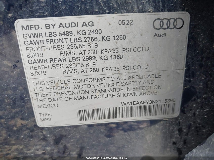2022 Audi Q5 VIN WA1EAAFY3N2115395 IAAI salvage auction — FRONT END, Salvage Title, sold $13,000 on 2026-07-09 (photo 9)